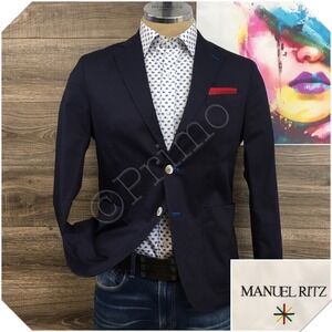 MANUEL RITZ Mens Navy Blazer‎ Sport Coat Casual Size 38R Two Button Cotton Suit